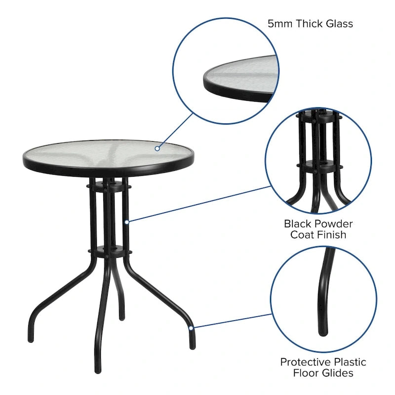 Table en métal en verre trempé rond de 23,75 po avec plateau à motif d'ondulations lisses