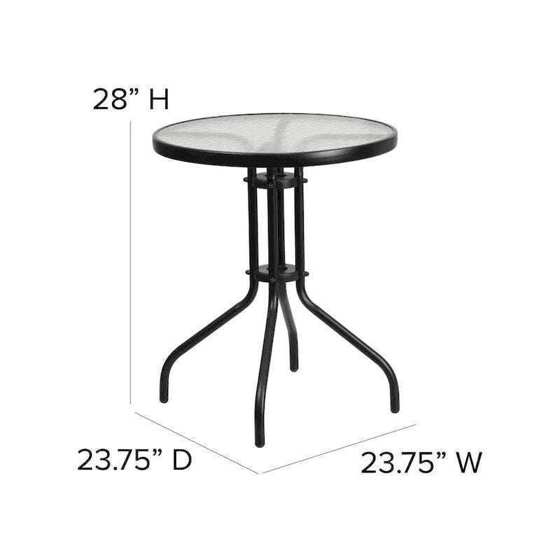 Table en métal en verre trempé rond de 23,75 po avec plateau à motif d'ondulations lisses