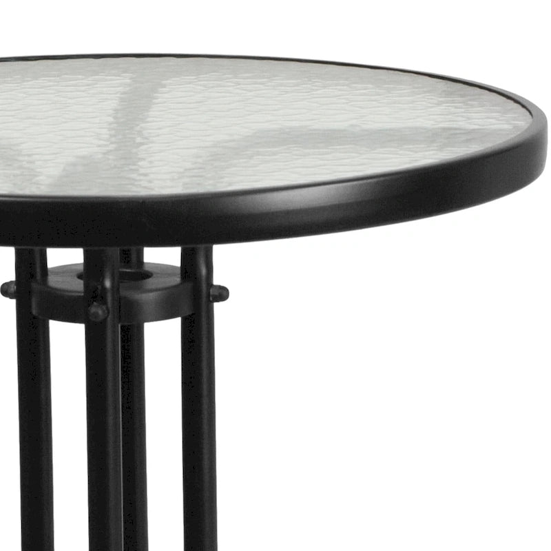 Table en métal en verre trempé rond de 23,75 po avec plateau à motif d'ondulations lisses