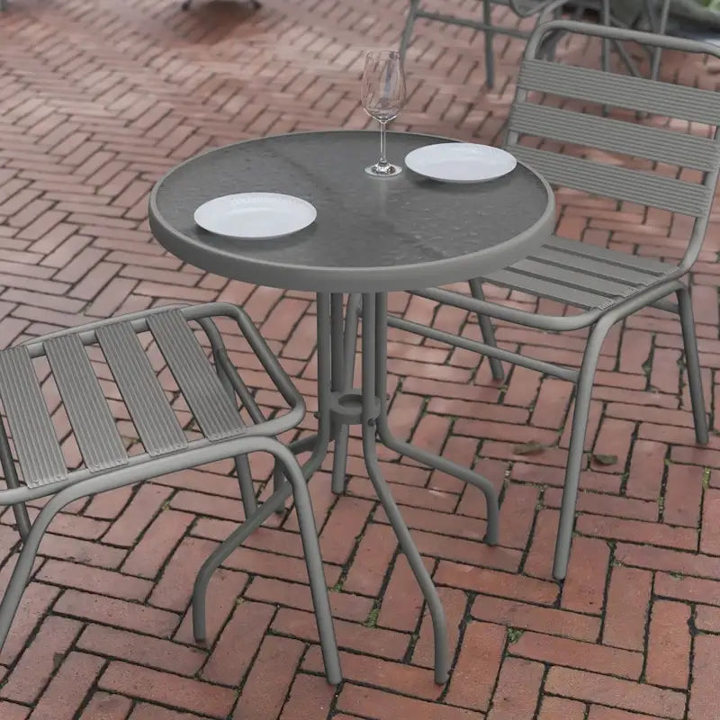 Table en métal en verre trempé rond de 23,75 po avec plateau à motif d'ondulations lisses
