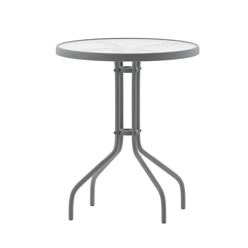 Table en métal en verre trempé rond de 23,75 po avec plateau à motif d'ondulations lisses