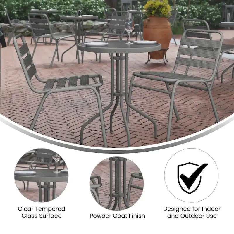 Table en métal en verre trempé rond de 23,75 po avec plateau à motif d'ondulations lisses