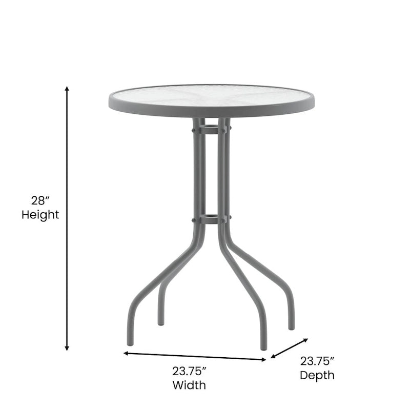 Table en métal en verre trempé rond de 23,75 po avec plateau à motif d'ondulations lisses