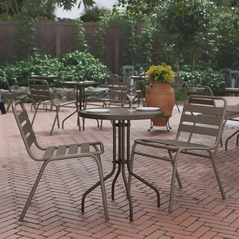 Table en métal en verre trempé rond de 23,75 po avec plateau à motif d'ondulations lisses