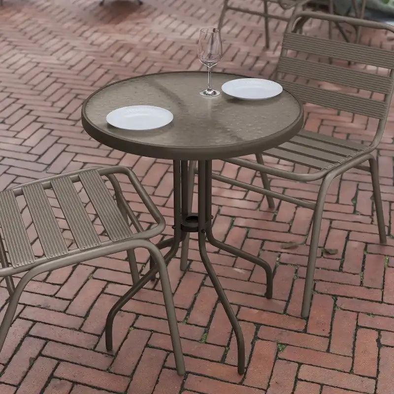 Table en métal en verre trempé rond de 23,75 po avec plateau à motif d'ondulations lisses