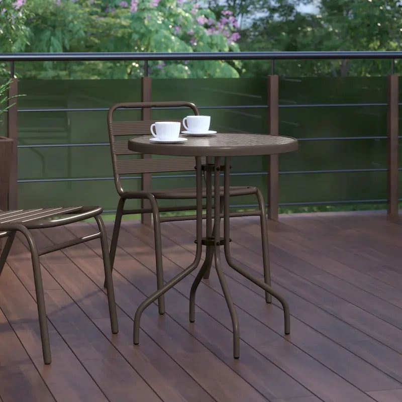 Table en métal en verre trempé rond de 23,75 po avec plateau à motif d'ondulations lisses