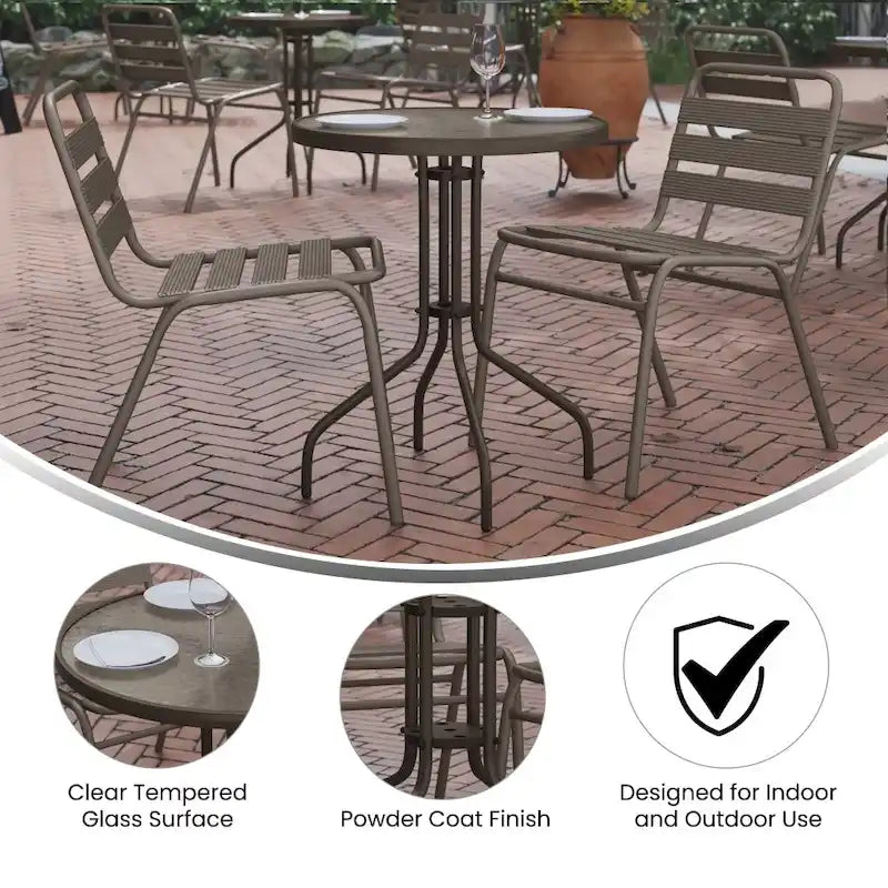 Table en métal en verre trempé rond de 23,75 po avec plateau à motif d'ondulations lisses