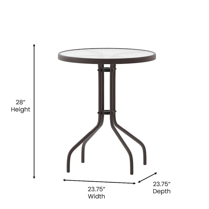 Table en métal en verre trempé rond de 23,75 po avec plateau à motif d'ondulations lisses