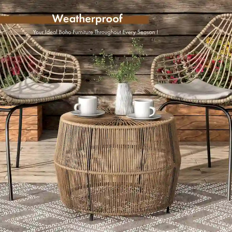 Table basse ronde d'extérieur bohème Alia Coastal Natural 22 pouces en rotin par M&L Co.