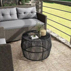 Table basse ronde d'extérieur bohème Alia Coastal Natural 22 pouces en rotin par M&L Co.