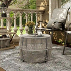 Table basse ronde d'extérieur bohème Alia Coastal Natural 22 pouces en rotin par M&L Co.
