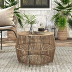 Table basse ronde d'extérieur bohème Alia Coastal Natural 22 pouces en rotin par M&L Co.