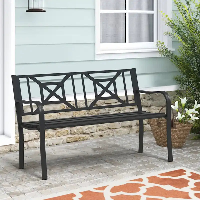 Black Outdoor Metal Bench Garden Porch Patio Chair Loveseat