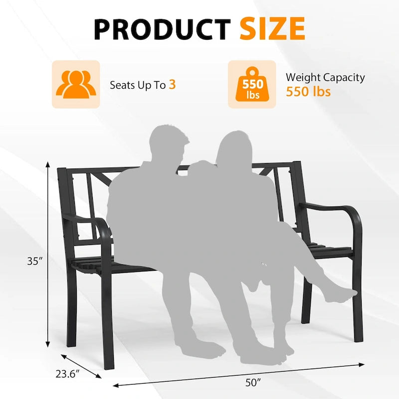 Banc de jardin en métal noir pour extérieur, fauteuil causeuse de patio/porche