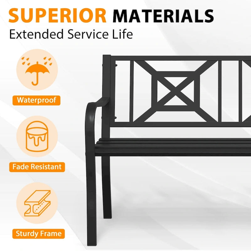 Banc de jardin en métal noir pour extérieur, fauteuil causeuse de patio/porche