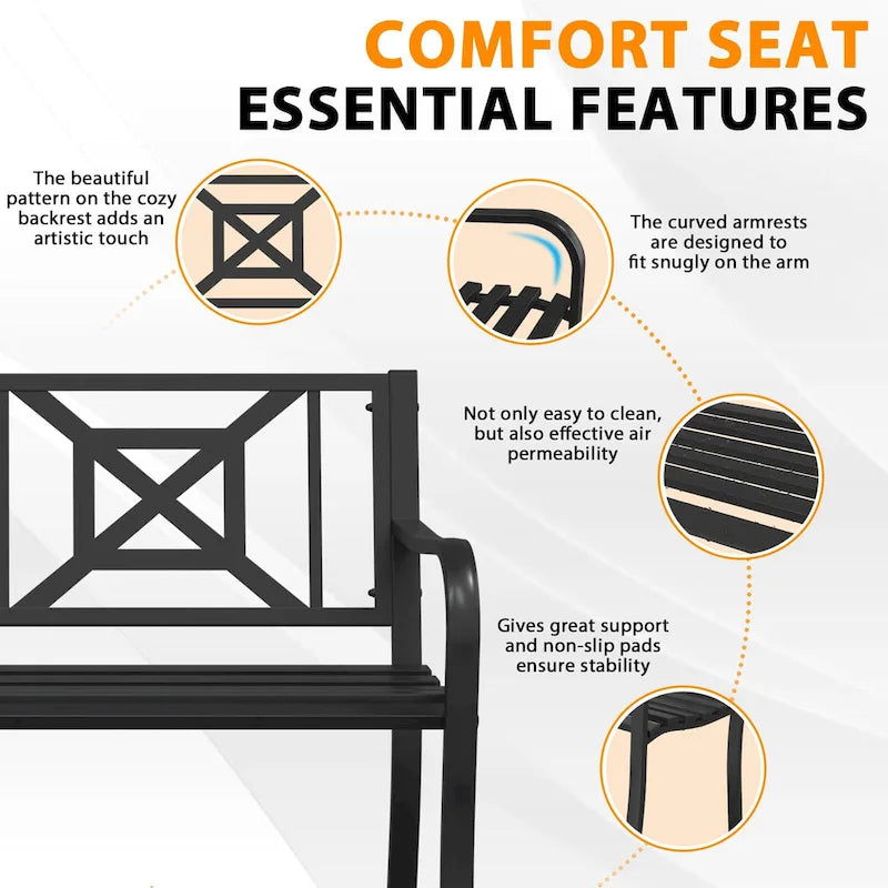 Banc de jardin en métal noir pour extérieur, fauteuil causeuse de patio/porche