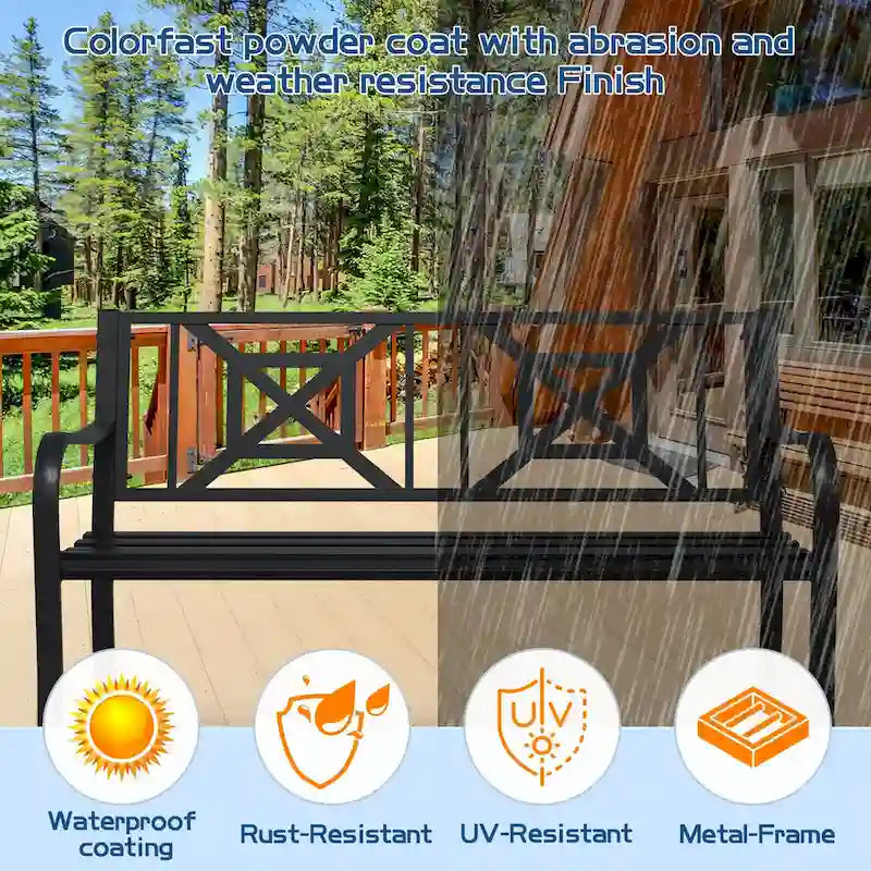 Banc de jardin en métal noir pour extérieur, fauteuil causeuse de patio/porche