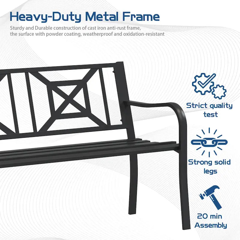 Banc de jardin en métal noir pour extérieur, fauteuil causeuse de patio/porche