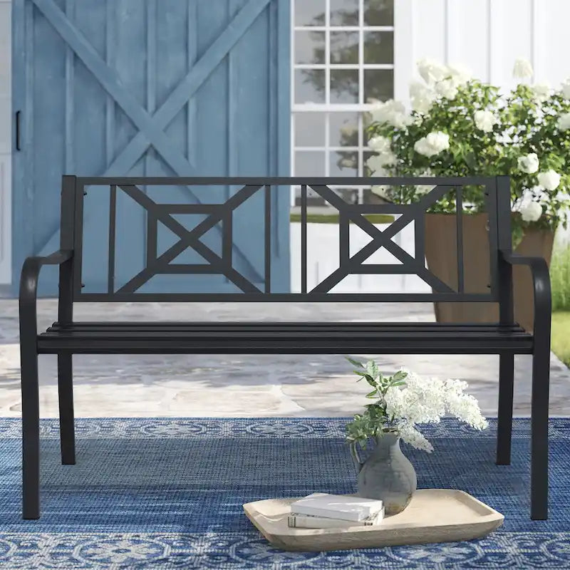 Banc de jardin en métal noir pour extérieur, fauteuil causeuse de patio/porche