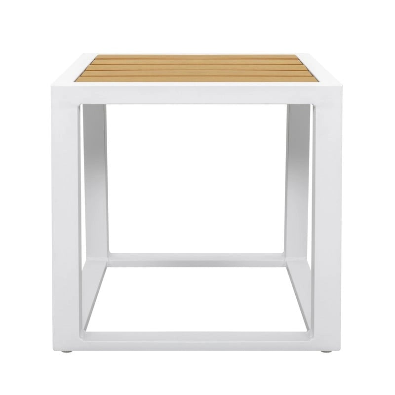 Outdoor 18 Inch Square Side Table, Aluminum Frame, Imitation Wood Tabletop