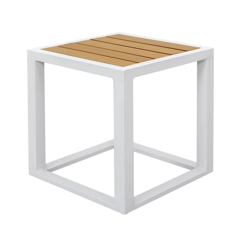 Table d'appoint carrée d'extérieur 18 pouces, cadre en aluminium, plateau en imitation bois