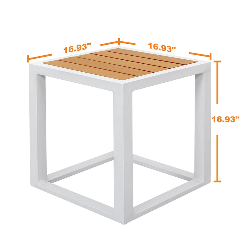 Table d'appoint carrée d'extérieur 18 pouces, cadre en aluminium, plateau en imitation bois