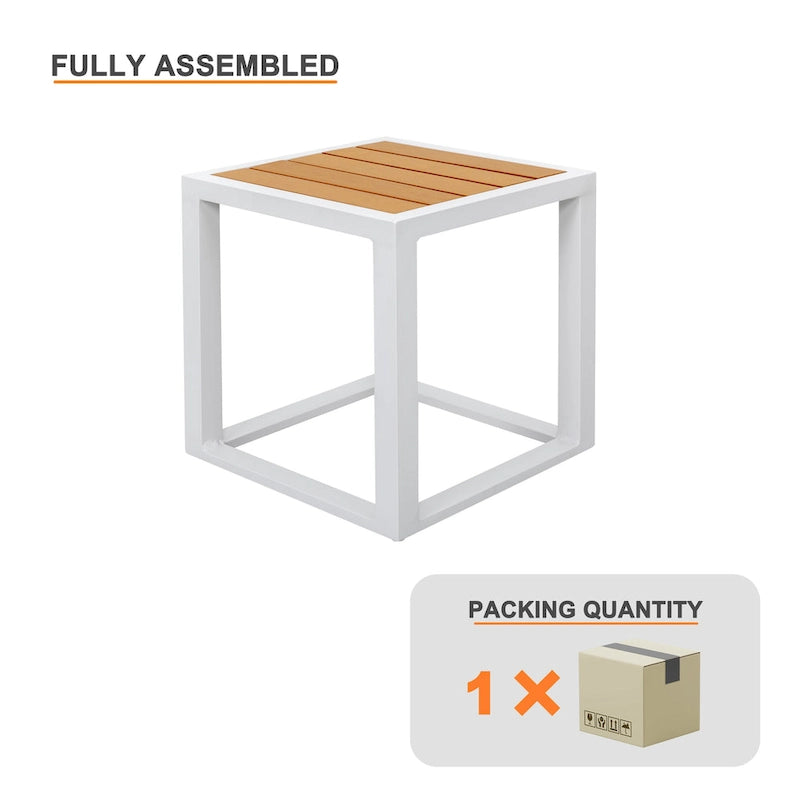 Table d'appoint carrée d'extérieur 18 pouces, cadre en aluminium, plateau en imitation bois