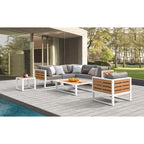 Table d'appoint carrée d'extérieur 18 pouces, cadre en aluminium, plateau en imitation bois