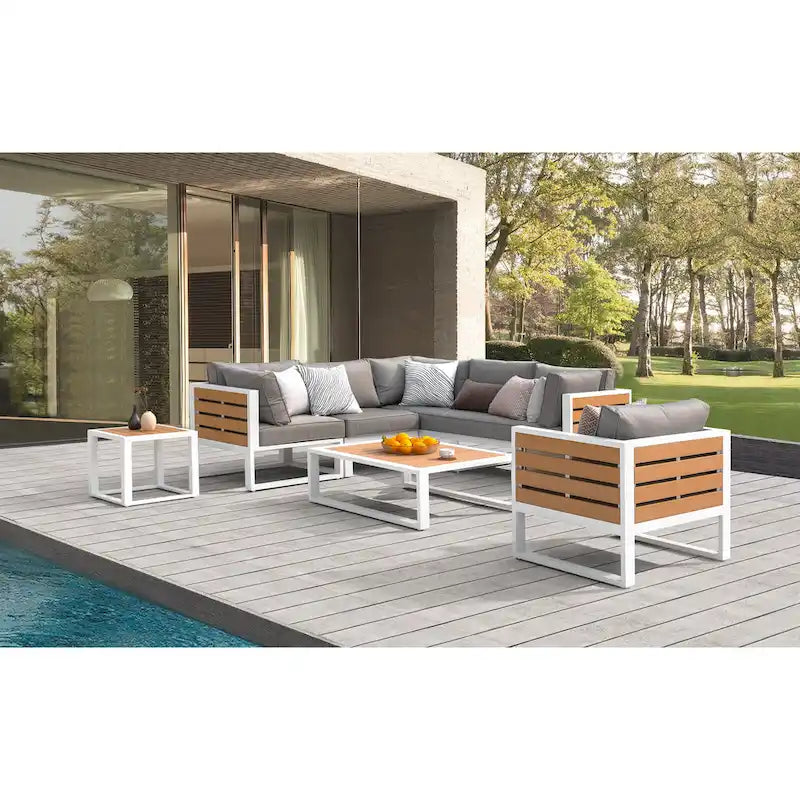 Table d'appoint carrée d'extérieur 18 pouces, cadre en aluminium, plateau en imitation bois
