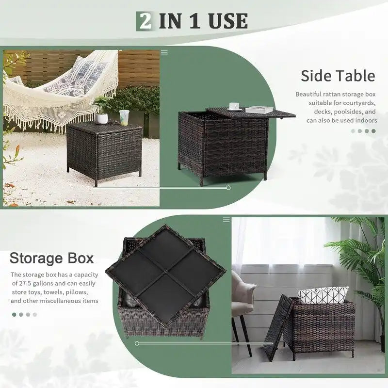 Table d'appoint de rangement en osier pour patio de 27 gallons