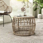 Table basse ronde d'extérieur Hunter Boho Natural de 22 pouces avec plateau en verre trempé de 5 mm par M&L Co.