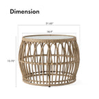 Table basse ronde d'extérieur Hunter Boho Natural de 22 pouces avec plateau en verre trempé de 5 mm par M&L Co.