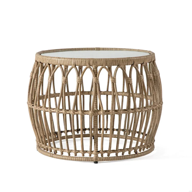 Table basse ronde d'extérieur Hunter Boho Natural de 22 pouces avec plateau en verre trempé de 5 mm par M&L Co.