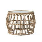 Table basse ronde d'extérieur Hunter Boho Natural de 22 pouces avec plateau en verre trempé de 5 mm par M&L Co.