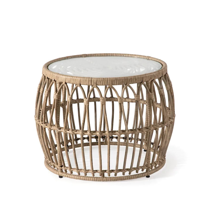 Table basse ronde d'extérieur Hunter Boho Natural de 22 pouces avec plateau en verre trempé de 5 mm par M&L Co.