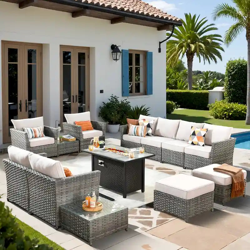 Ensemble de mobilier de jardin 13 pièces en osier XIZZI avec table brasero