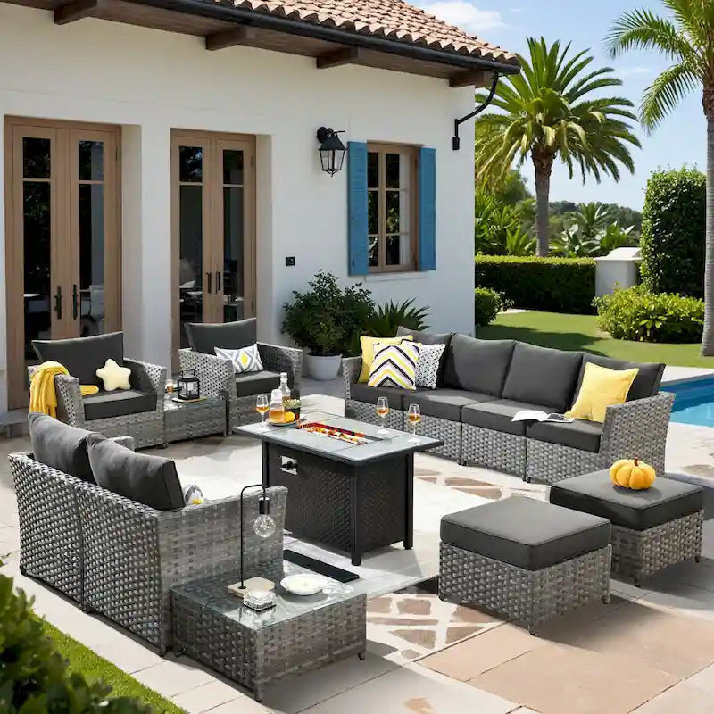 Ensemble de mobilier de jardin 13 pièces en osier XIZZI avec table brasero