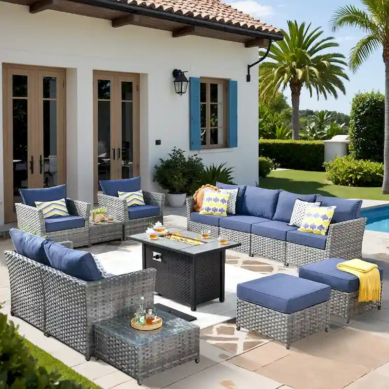 Ensemble de mobilier de jardin 13 pièces en osier XIZZI avec table brasero