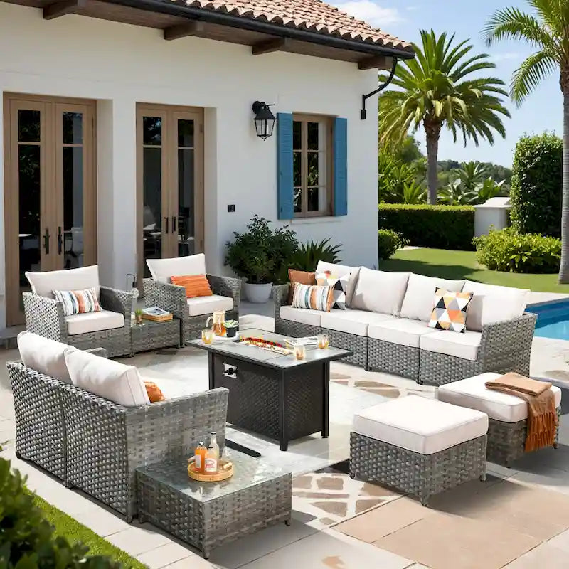 Ensemble de mobilier de jardin 13 pièces en osier XIZZI avec table brasero