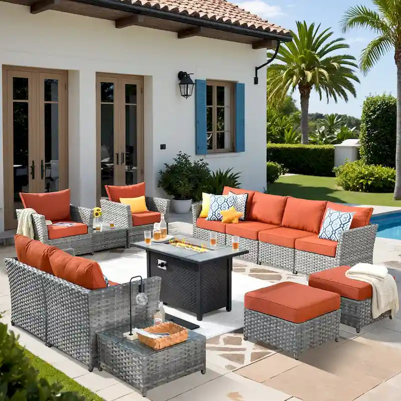 Ensemble de mobilier de jardin 13 pièces en osier XIZZI avec table brasero