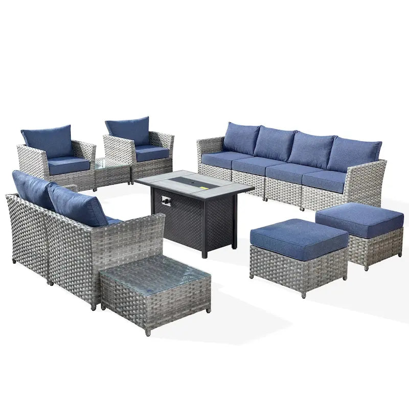 Ensemble de mobilier de jardin 13 pièces en osier XIZZI avec table brasero