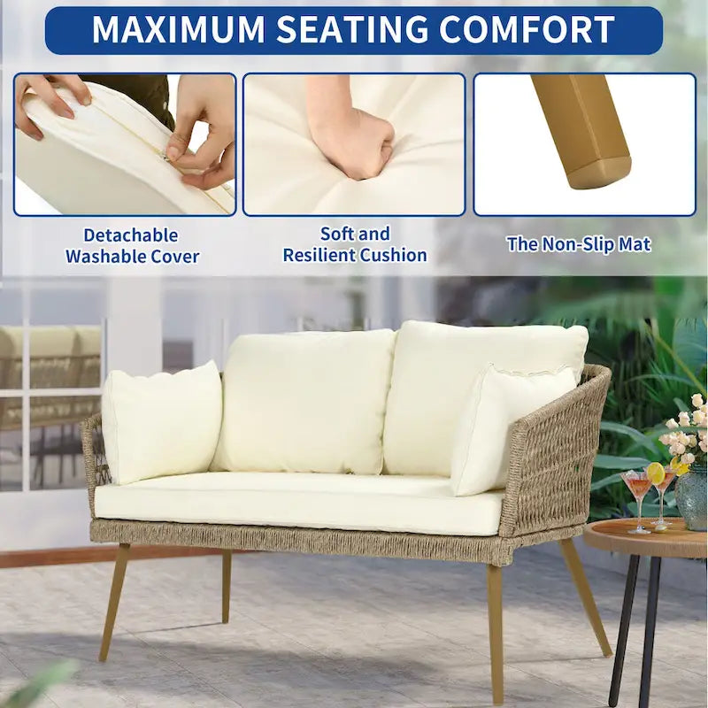 Canapé d'extérieur en osier Moasis avec coussin, canapé 2 places toutes saisons pour patio
