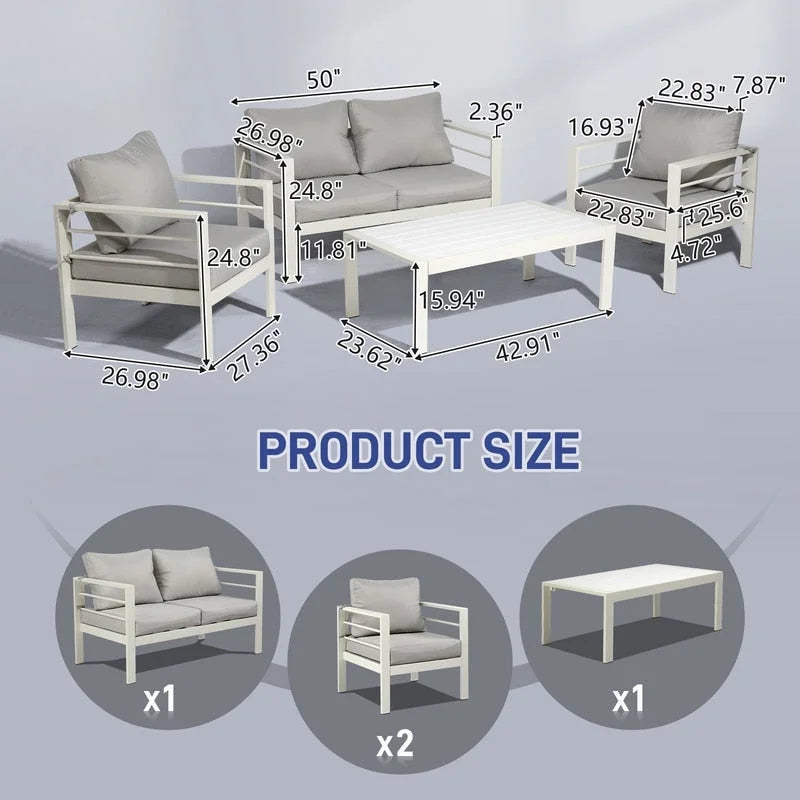 Ensemble de conversation 4 pièces en aluminium pour patio avec coussins