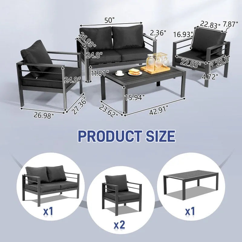 Ensemble de conversation 4 pièces en aluminium pour patio avec coussins