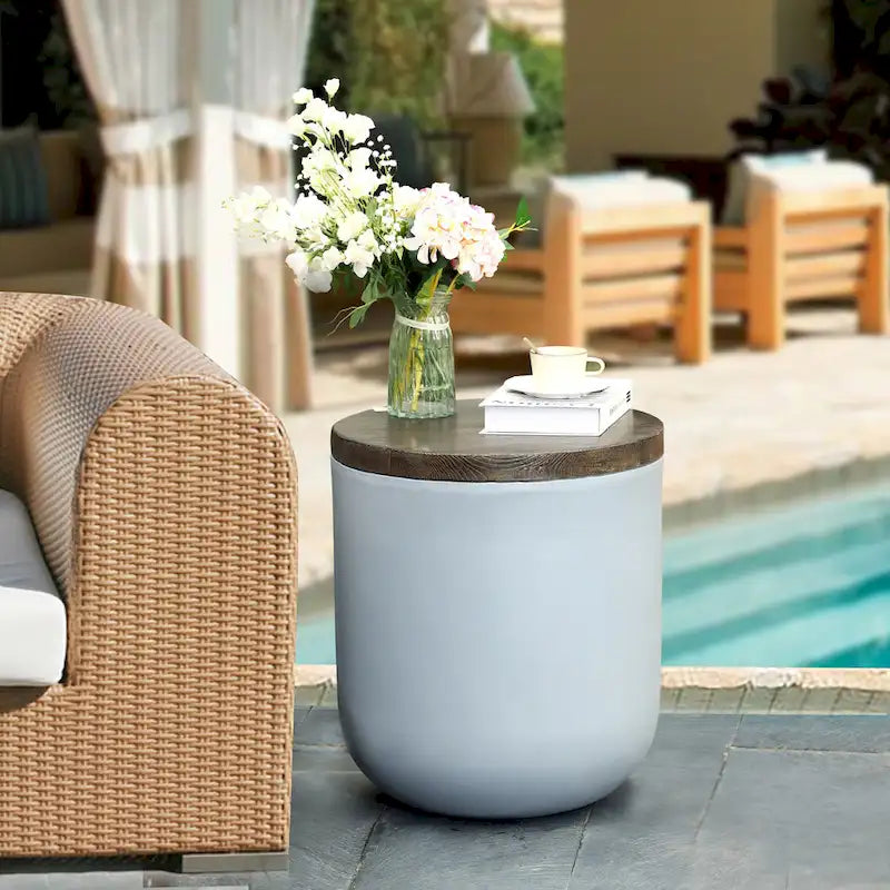 Grey and Brown MgO Round Side Table, Indoors and Outdoors
