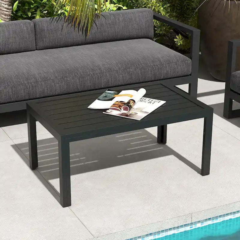 Outsunny Patio Coffee Table, Rectangle Outdoor Side Table with Steel Frame and Slat Tabletop for Garden