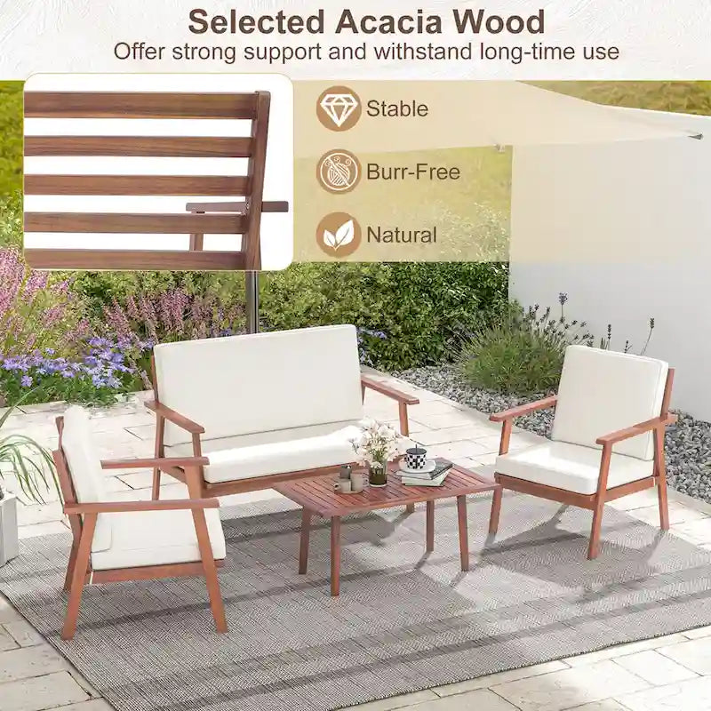 Costway Ensemble de Conversation 4 pièces pour Patio Canapé Table Basse en Bois d'Acacia - Voir Détails