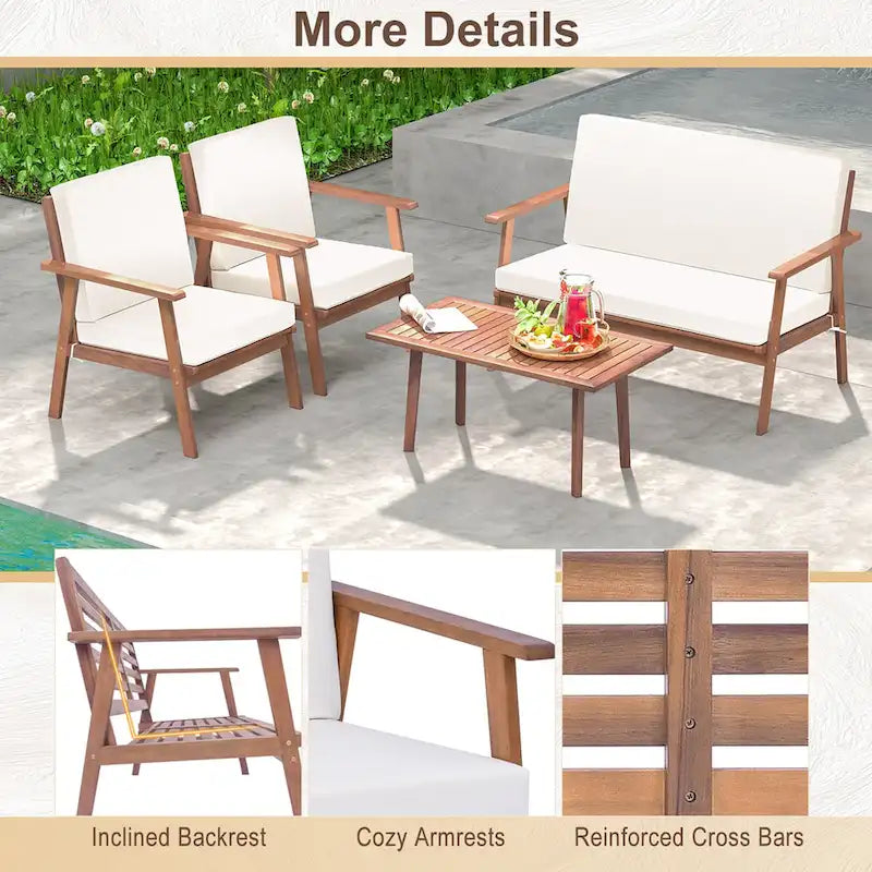 Costway Ensemble de Conversation 4 pièces pour Patio Canapé Table Basse en Bois d'Acacia - Voir Détails