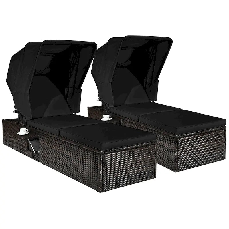 Costway Lot de 2 chaises longues de jardin en rotin avec coussin et auvent - Voir détails
