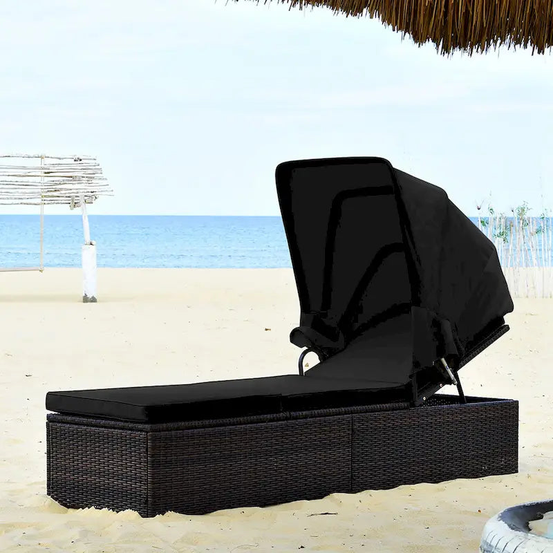 Costway Lot de 2 chaises longues de jardin en rotin avec coussin et auvent - Voir détails